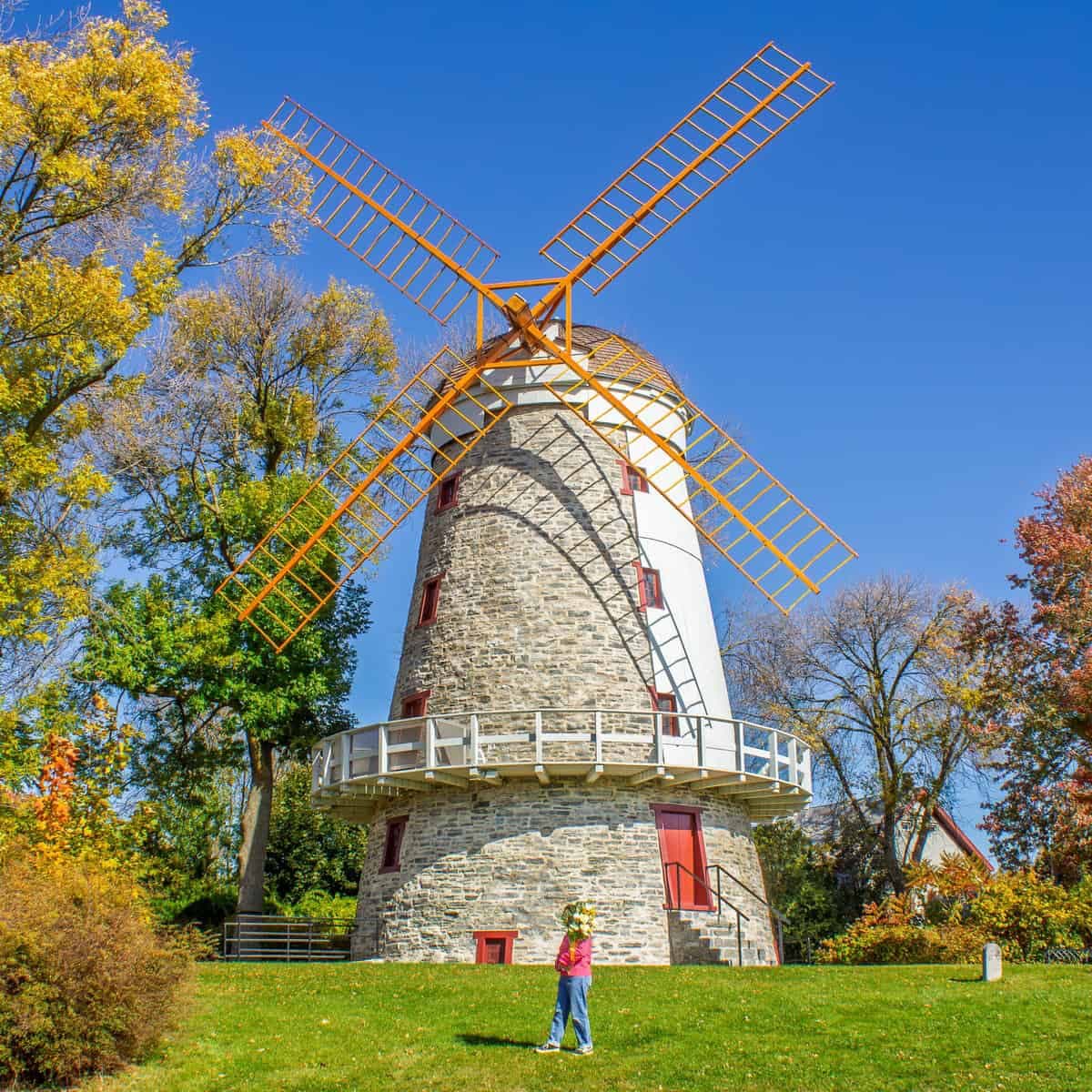 Person holding flowers in front of the historic LaSalle Windmill in Montreal