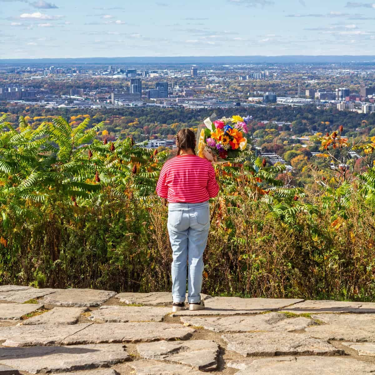Person holding a colourful bouquet at Belvédère Outremont overlooking Montreal